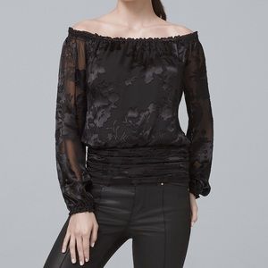WHBM Off The Shoulder Burnout Blouse Top, Black Floral, Size Small